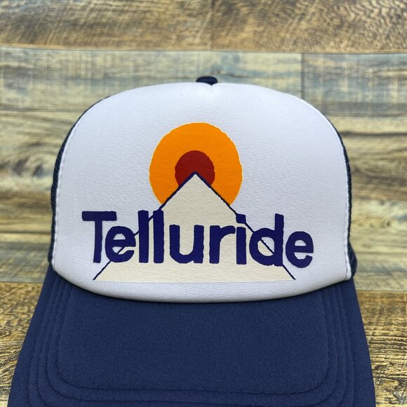 Telluride Colorado Mens Trucker Hat Navy Snapback Skiing Retro Logo Baseball Cap - Picture 3 of 8